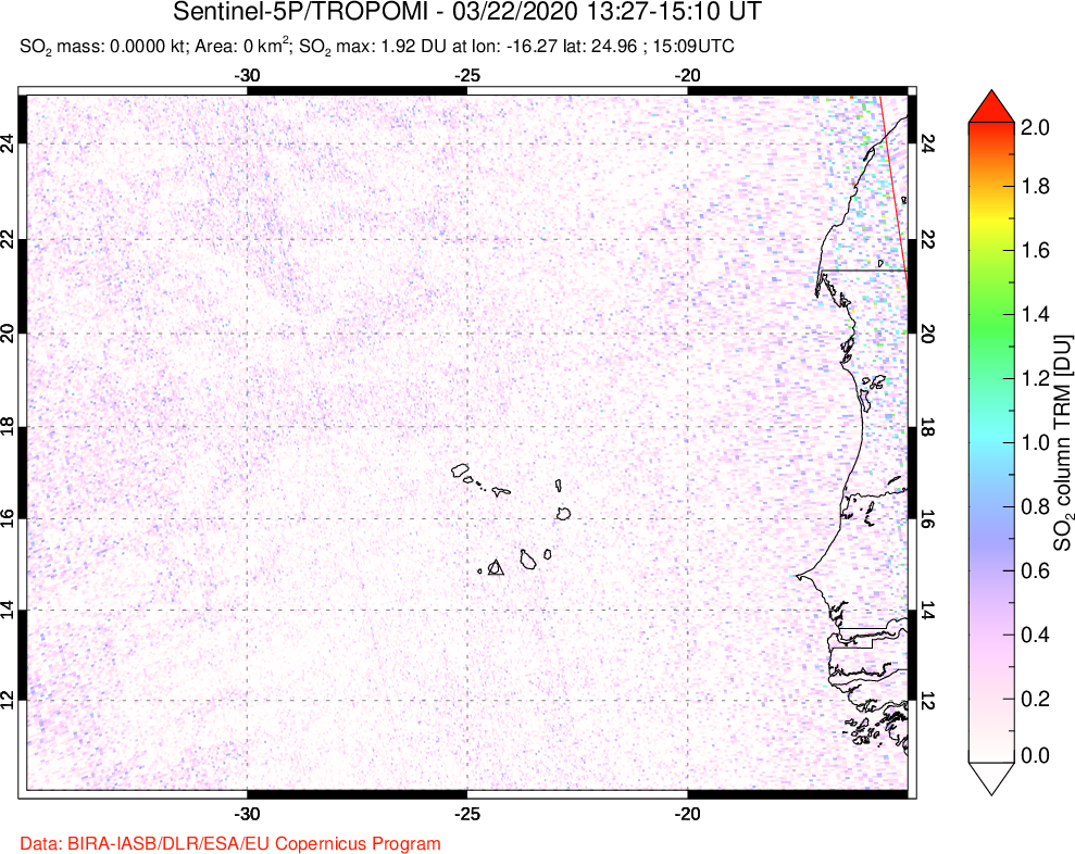 A sulfur dioxide image over Cape Verde Islands on Mar 22, 2020.