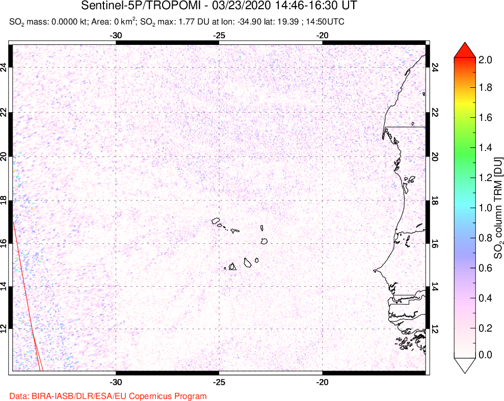 A sulfur dioxide image over Cape Verde Islands on Mar 23, 2020.