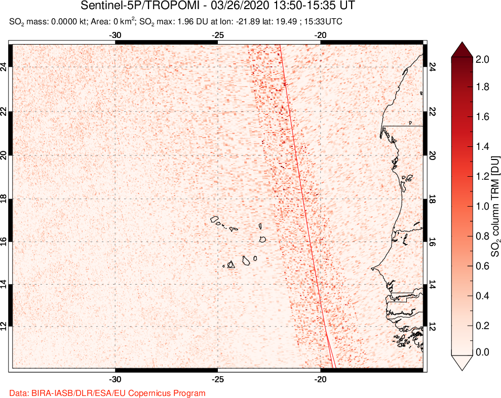 A sulfur dioxide image over Cape Verde Islands on Mar 26, 2020.