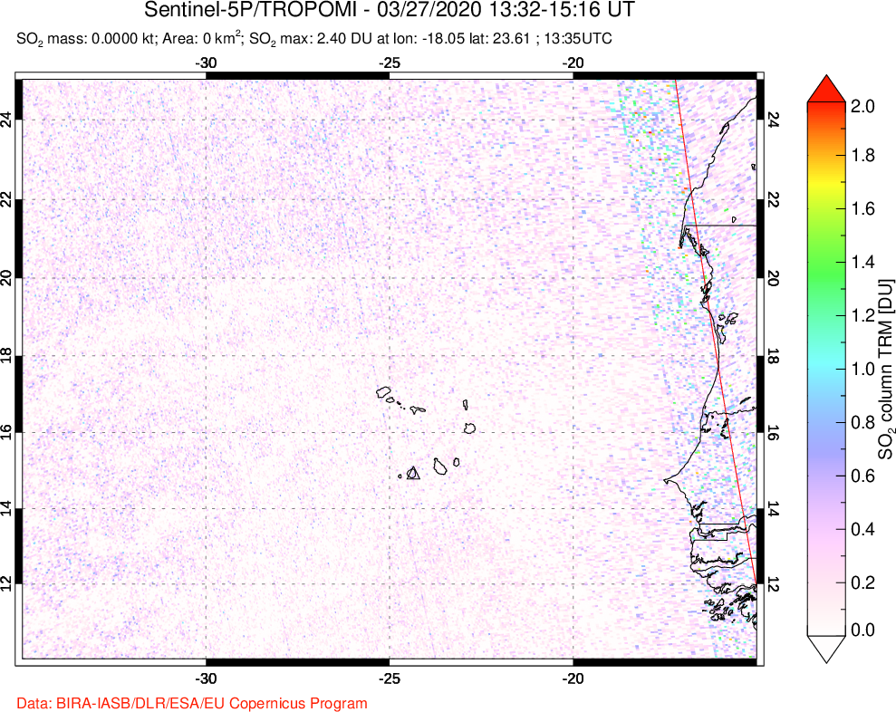 A sulfur dioxide image over Cape Verde Islands on Mar 27, 2020.