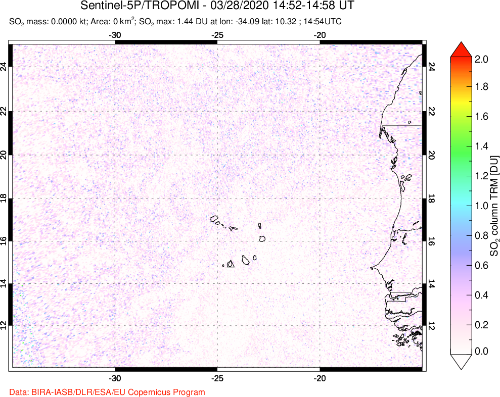 A sulfur dioxide image over Cape Verde Islands on Mar 28, 2020.