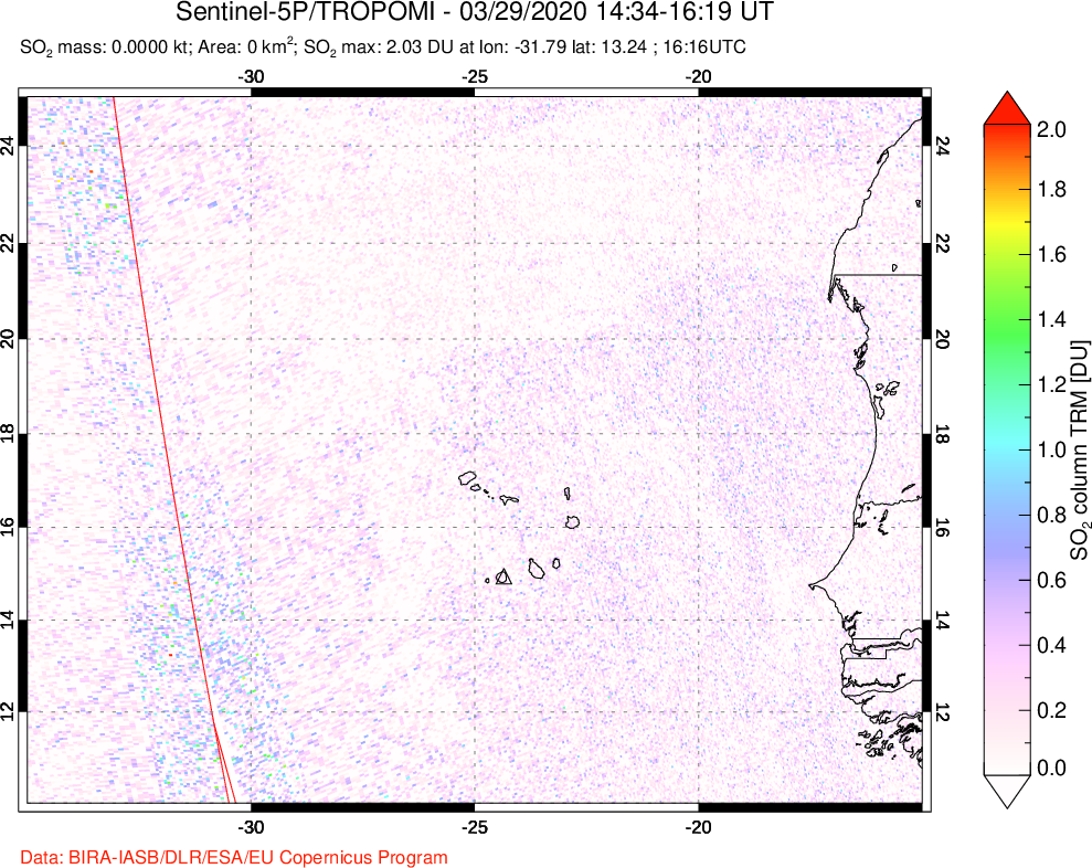 A sulfur dioxide image over Cape Verde Islands on Mar 29, 2020.