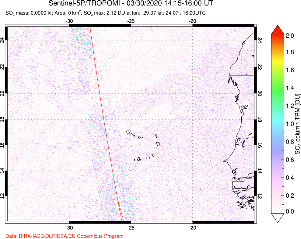 A sulfur dioxide image over Cape Verde Islands on Mar 30, 2020.