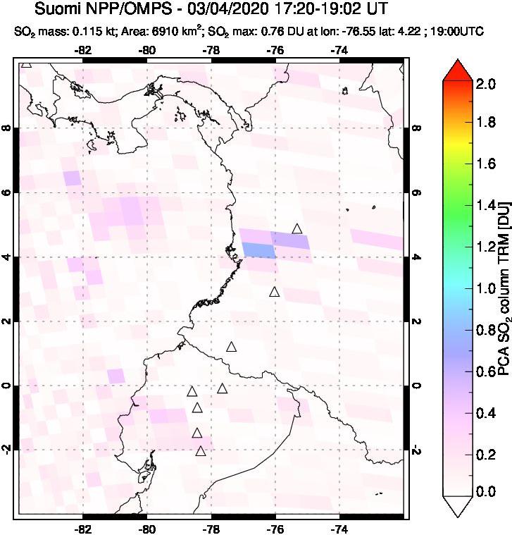 A sulfur dioxide image over Ecuador on Mar 04, 2020.
