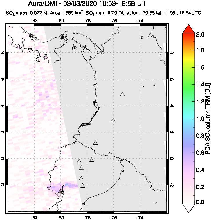 A sulfur dioxide image over Ecuador on Mar 03, 2020.
