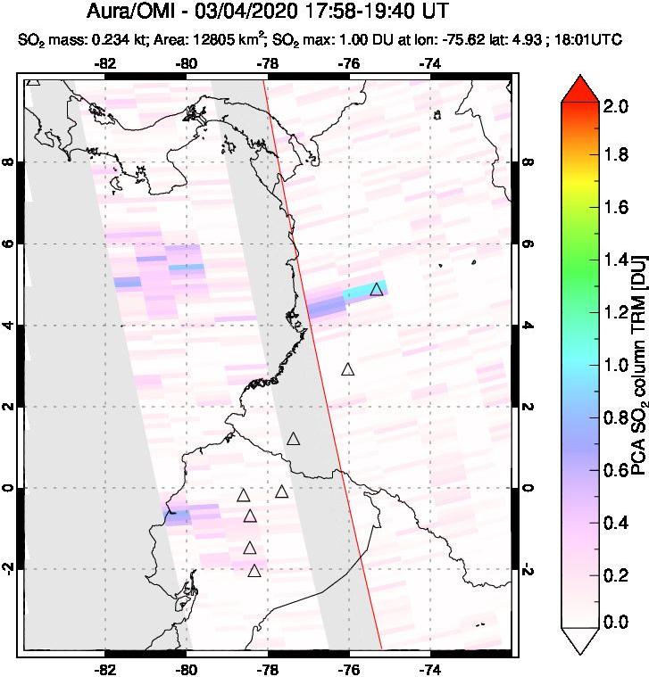 A sulfur dioxide image over Ecuador on Mar 04, 2020.