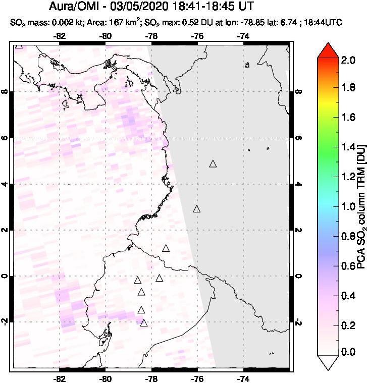 A sulfur dioxide image over Ecuador on Mar 05, 2020.