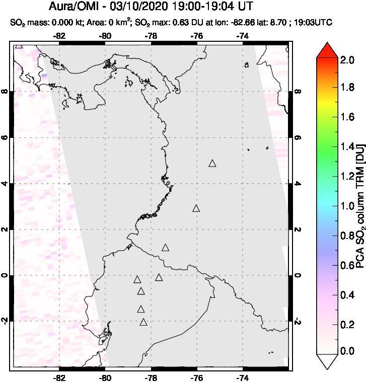 A sulfur dioxide image over Ecuador on Mar 10, 2020.