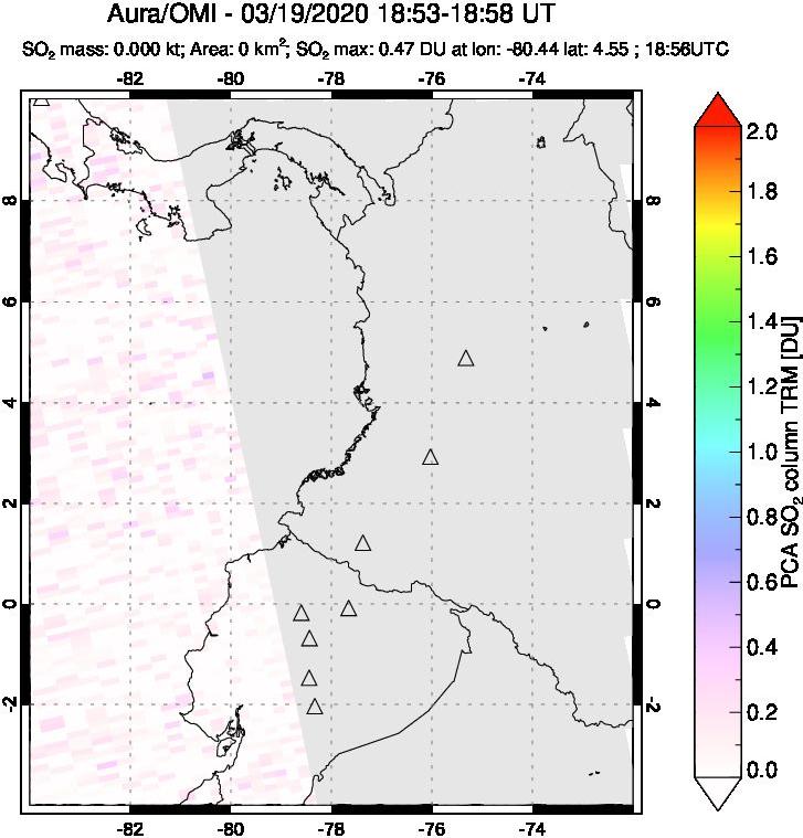 A sulfur dioxide image over Ecuador on Mar 19, 2020.