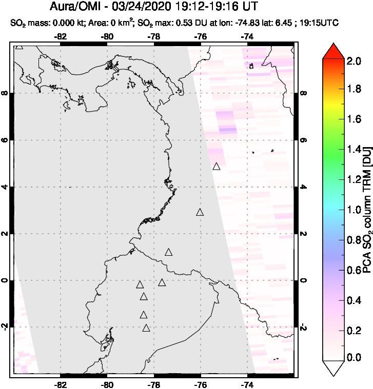 A sulfur dioxide image over Ecuador on Mar 24, 2020.