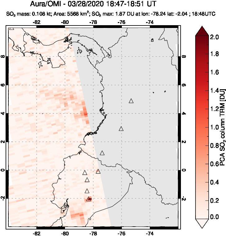 A sulfur dioxide image over Ecuador on Mar 28, 2020.