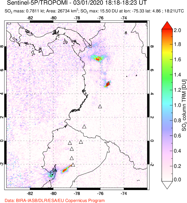 A sulfur dioxide image over Ecuador on Mar 01, 2020.