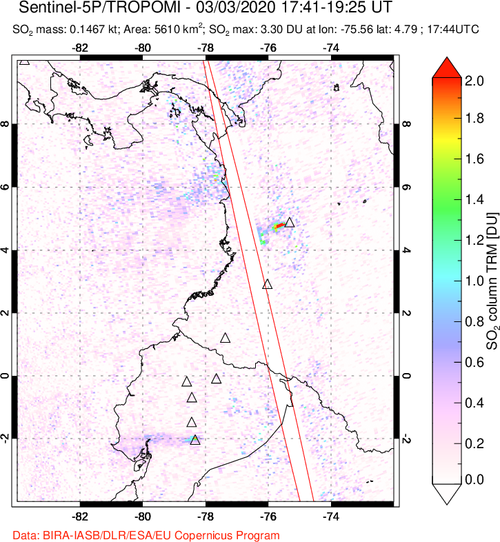 A sulfur dioxide image over Ecuador on Mar 03, 2020.