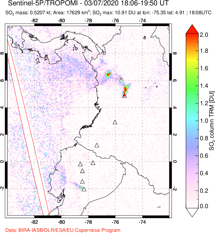 A sulfur dioxide image over Ecuador on Mar 07, 2020.