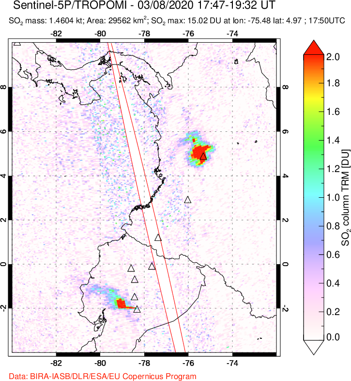A sulfur dioxide image over Ecuador on Mar 08, 2020.