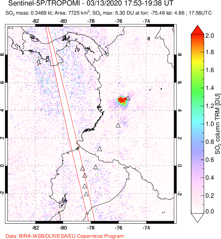 A sulfur dioxide image over Ecuador on Mar 13, 2020.