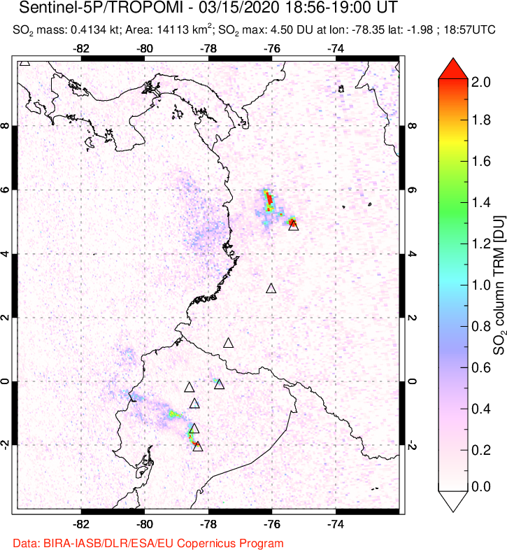 A sulfur dioxide image over Ecuador on Mar 15, 2020.