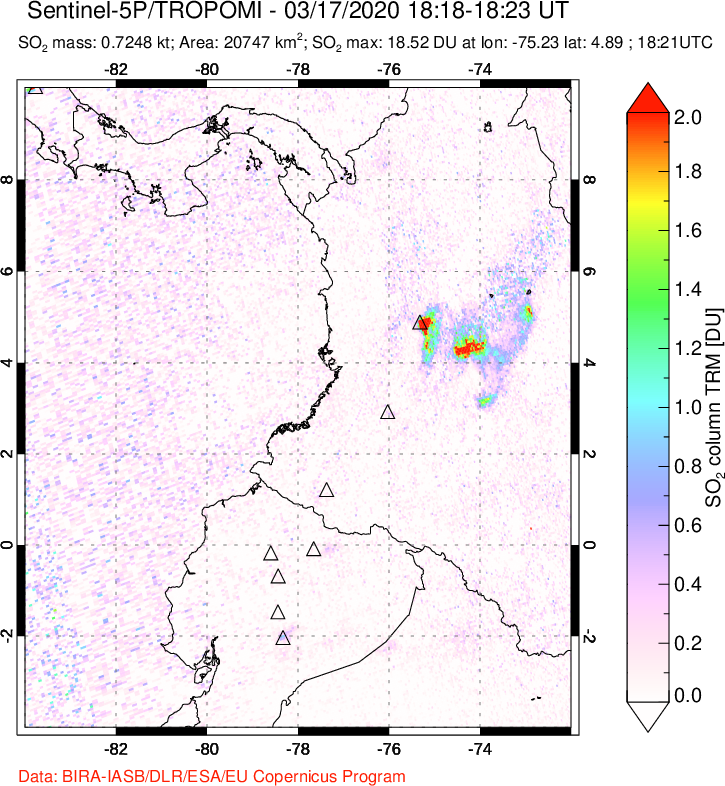 A sulfur dioxide image over Ecuador on Mar 17, 2020.