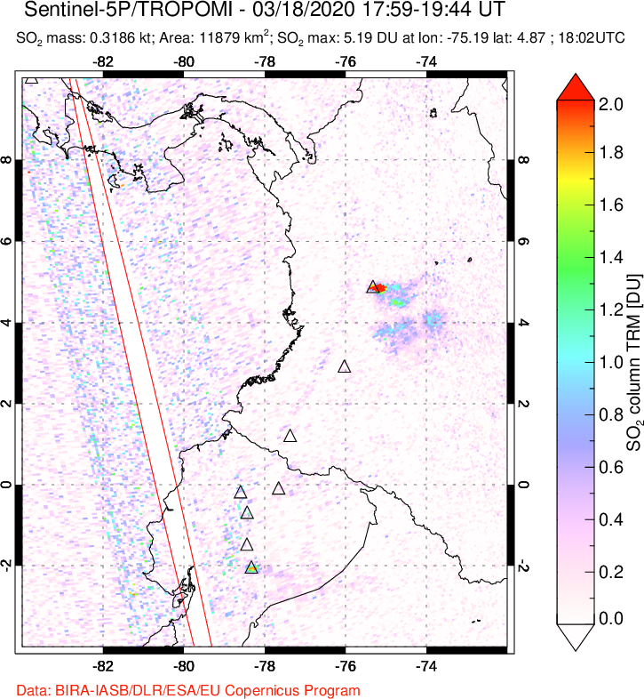 A sulfur dioxide image over Ecuador on Mar 18, 2020.