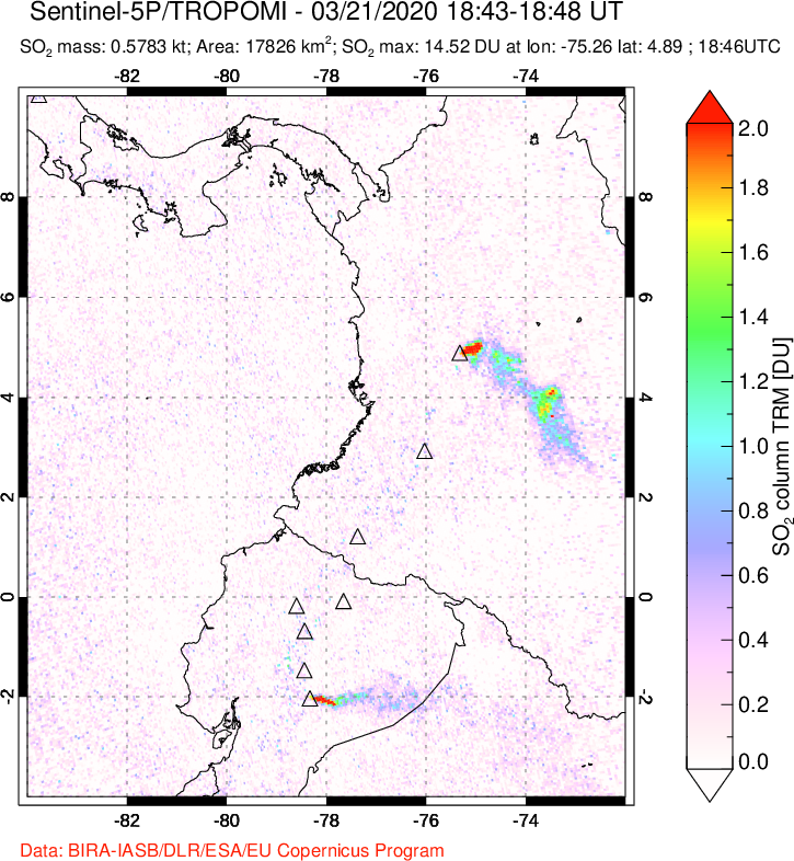 A sulfur dioxide image over Ecuador on Mar 21, 2020.