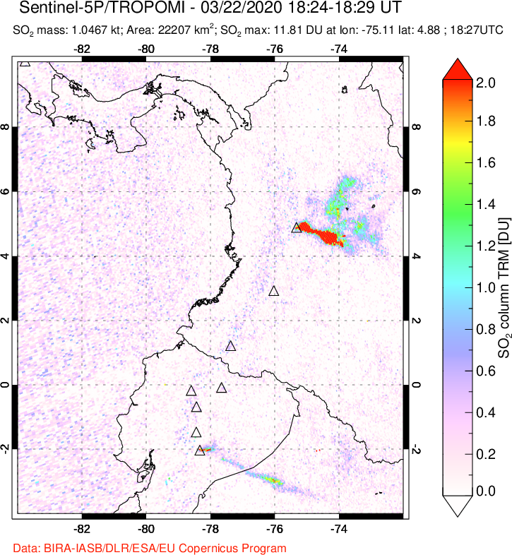 A sulfur dioxide image over Ecuador on Mar 22, 2020.