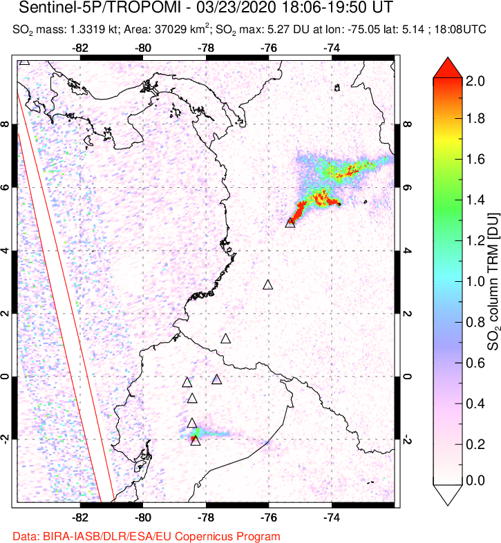 A sulfur dioxide image over Ecuador on Mar 23, 2020.