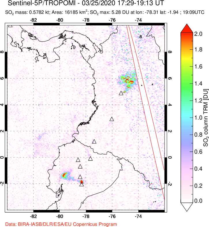 A sulfur dioxide image over Ecuador on Mar 25, 2020.