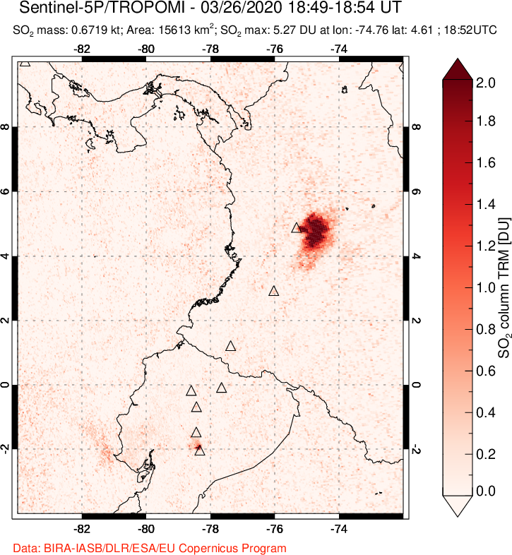 A sulfur dioxide image over Ecuador on Mar 26, 2020.