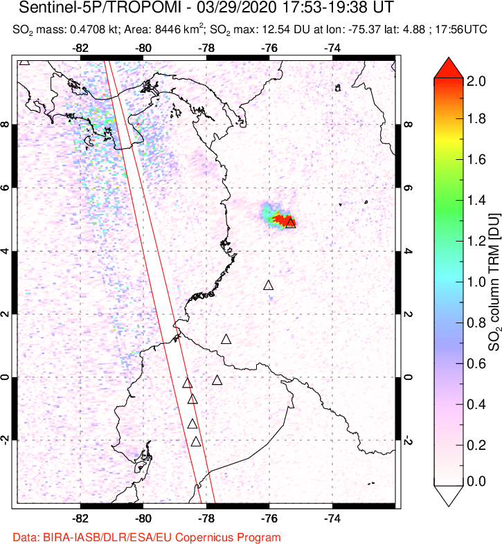 A sulfur dioxide image over Ecuador on Mar 29, 2020.