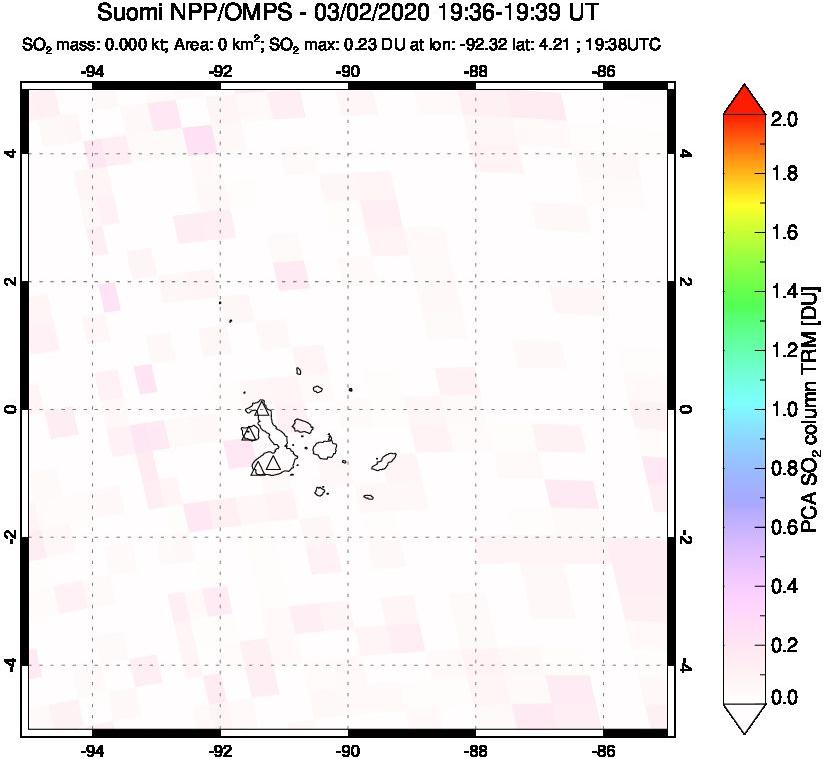 A sulfur dioxide image over Galápagos Islands on Mar 02, 2020.