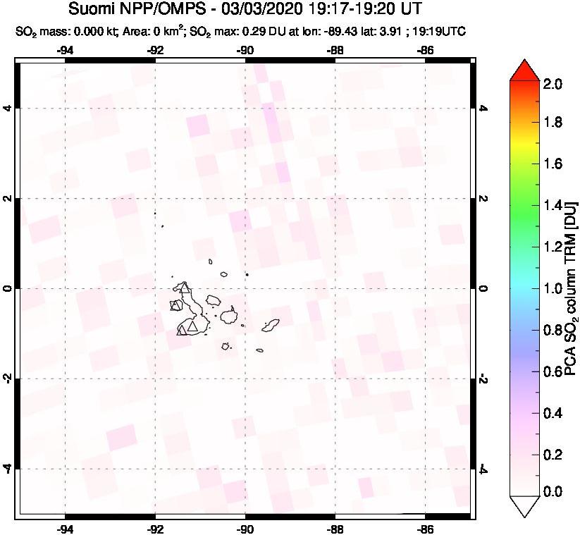 A sulfur dioxide image over Galápagos Islands on Mar 03, 2020.