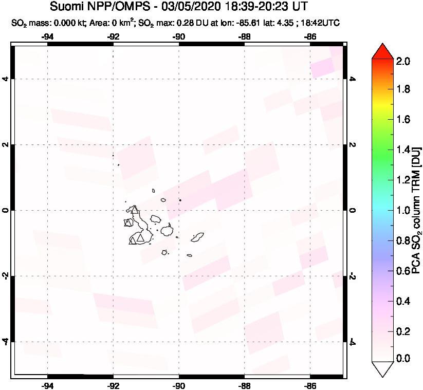 A sulfur dioxide image over Galápagos Islands on Mar 05, 2020.