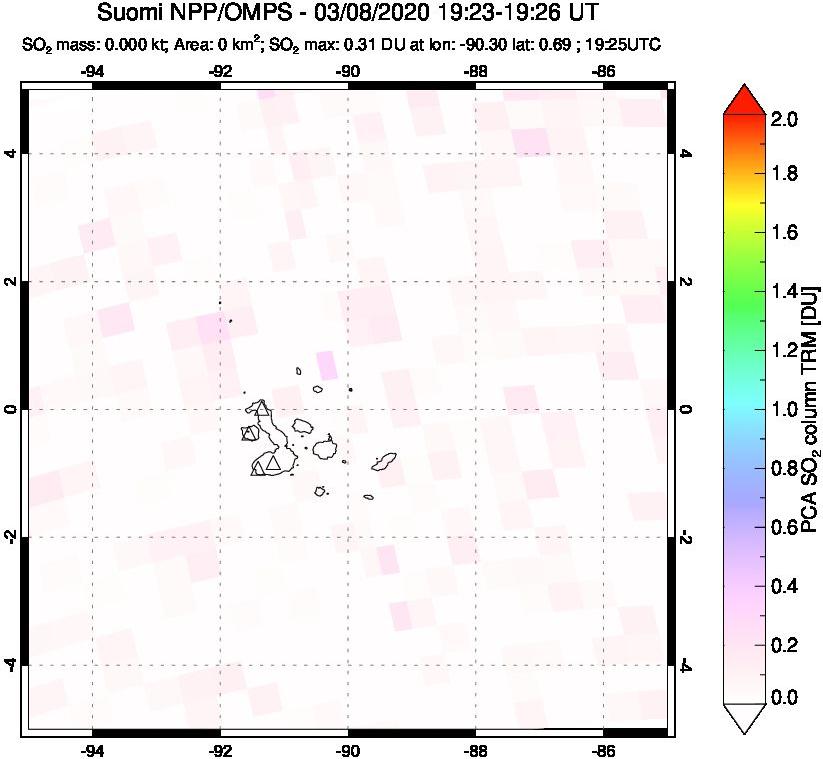 A sulfur dioxide image over Galápagos Islands on Mar 08, 2020.