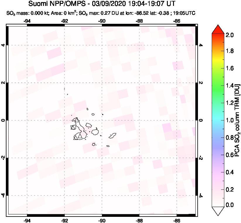 A sulfur dioxide image over Galápagos Islands on Mar 09, 2020.