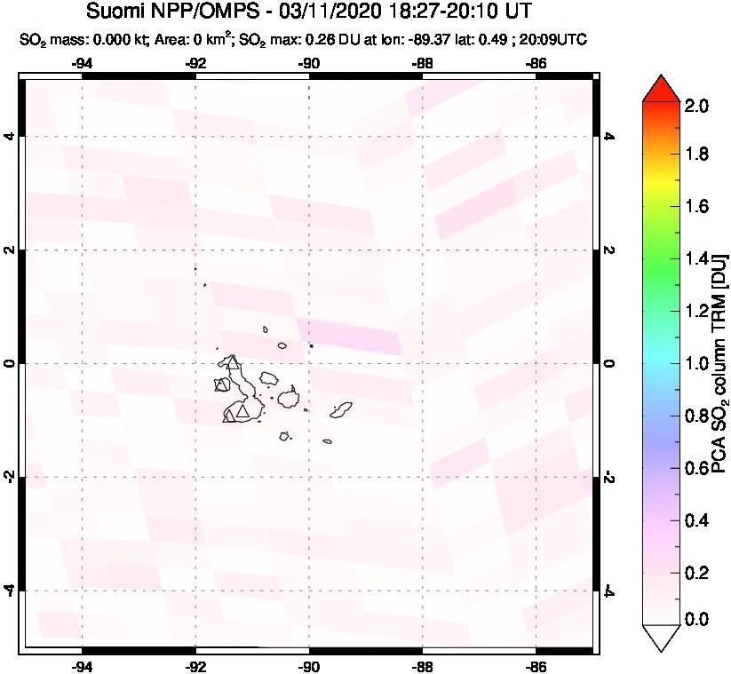 A sulfur dioxide image over Galápagos Islands on Mar 11, 2020.