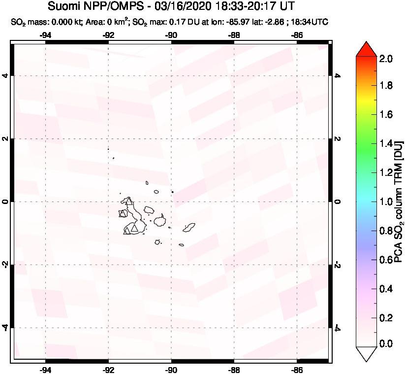 A sulfur dioxide image over Galápagos Islands on Mar 16, 2020.