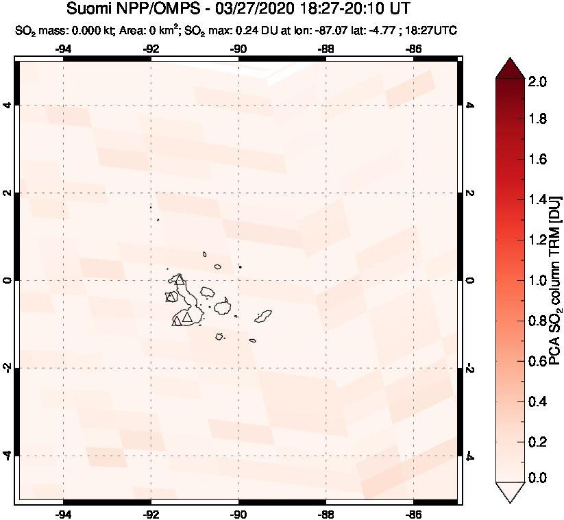 A sulfur dioxide image over Galápagos Islands on Mar 27, 2020.
