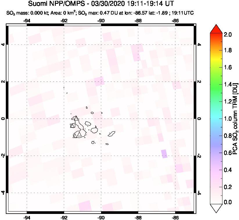 A sulfur dioxide image over Galápagos Islands on Mar 30, 2020.