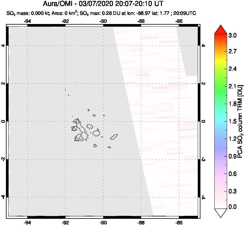 A sulfur dioxide image over Galápagos Islands on Mar 07, 2020.