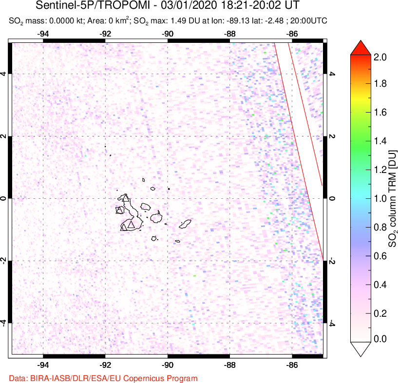 A sulfur dioxide image over Galápagos Islands on Mar 01, 2020.