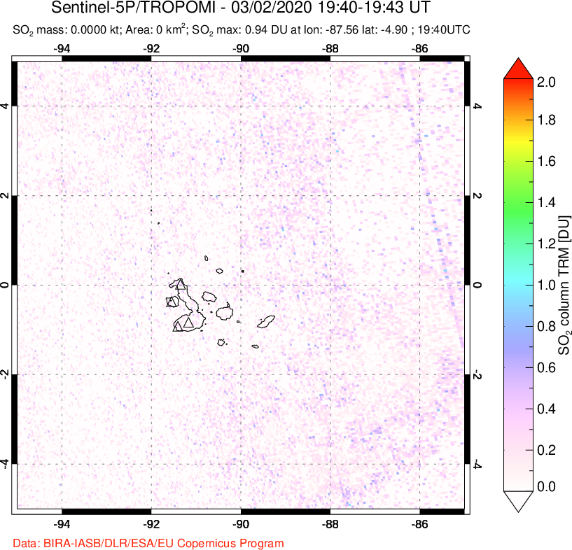 A sulfur dioxide image over Galápagos Islands on Mar 02, 2020.