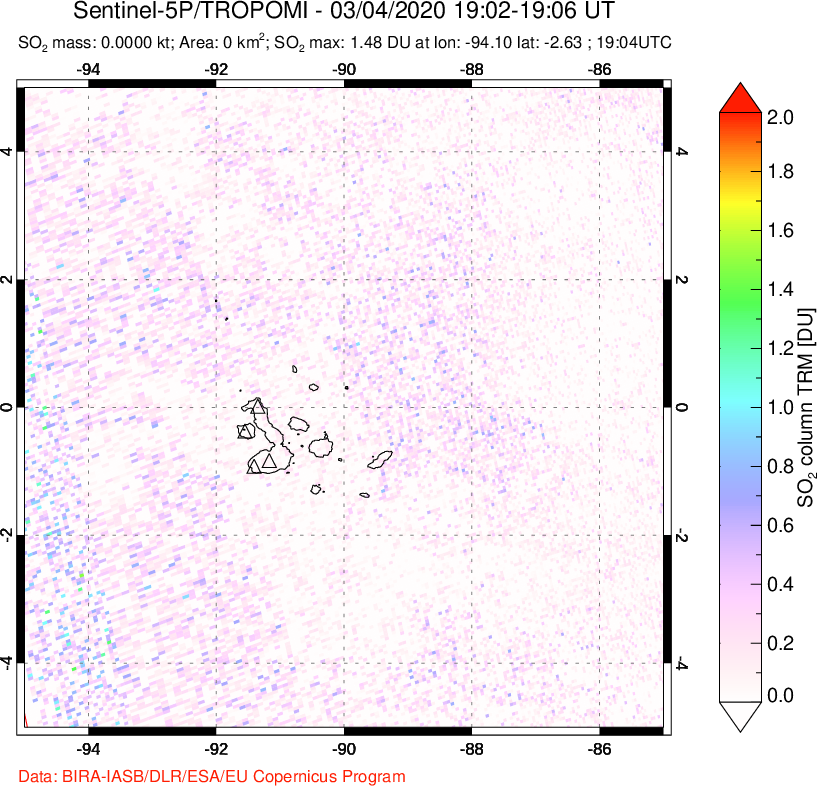 A sulfur dioxide image over Galápagos Islands on Mar 04, 2020.