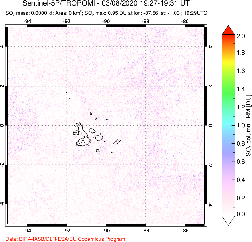 A sulfur dioxide image over Galápagos Islands on Mar 08, 2020.