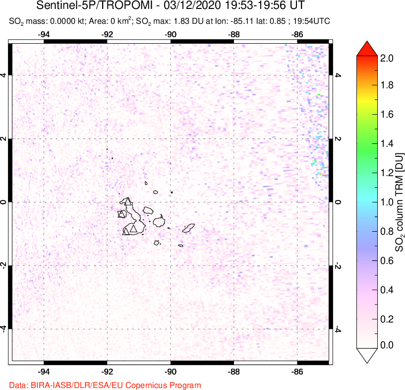 A sulfur dioxide image over Galápagos Islands on Mar 12, 2020.