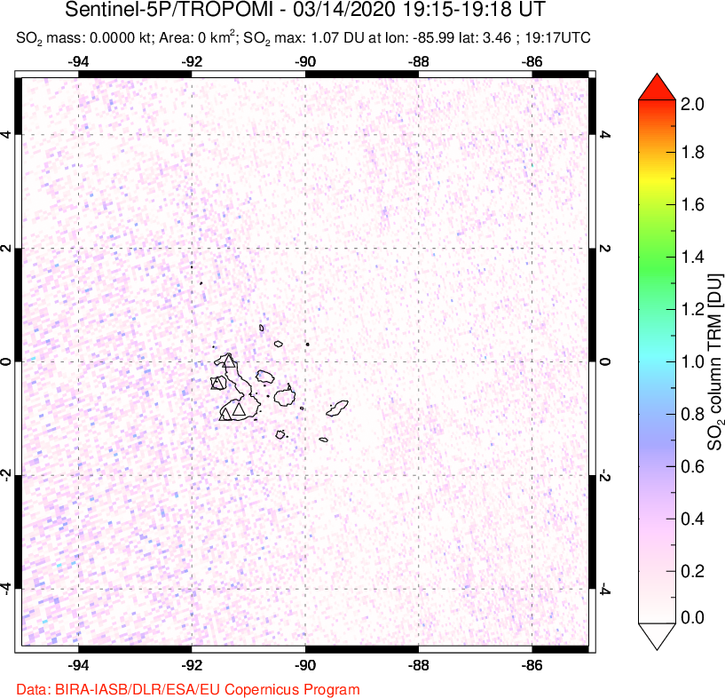 A sulfur dioxide image over Galápagos Islands on Mar 14, 2020.