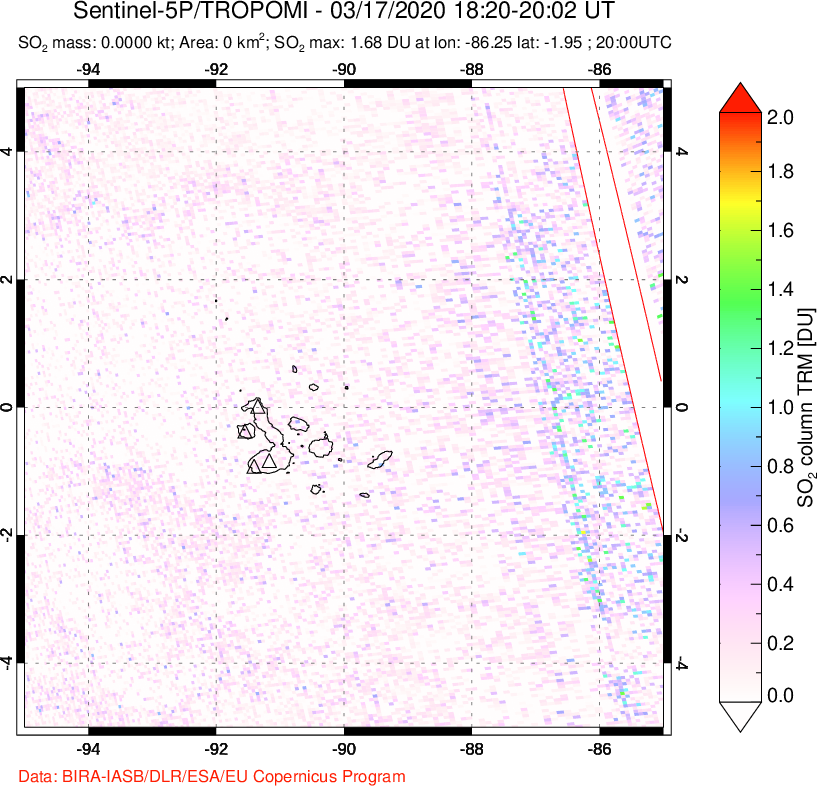 A sulfur dioxide image over Galápagos Islands on Mar 17, 2020.