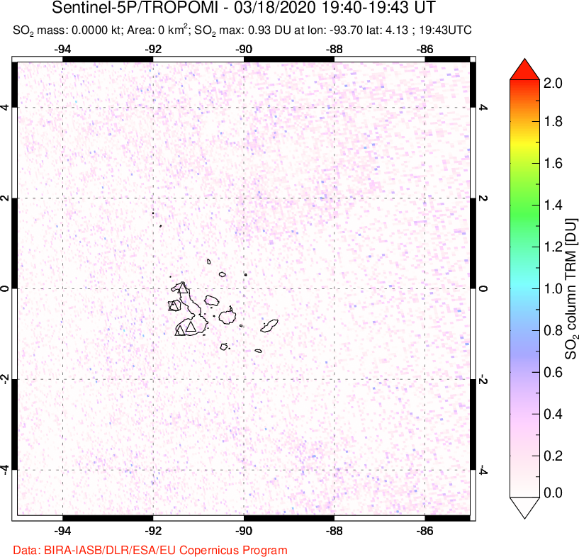 A sulfur dioxide image over Galápagos Islands on Mar 18, 2020.