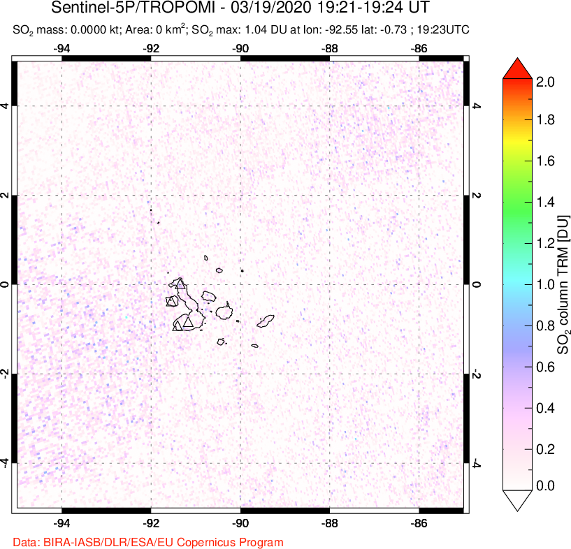 A sulfur dioxide image over Galápagos Islands on Mar 19, 2020.