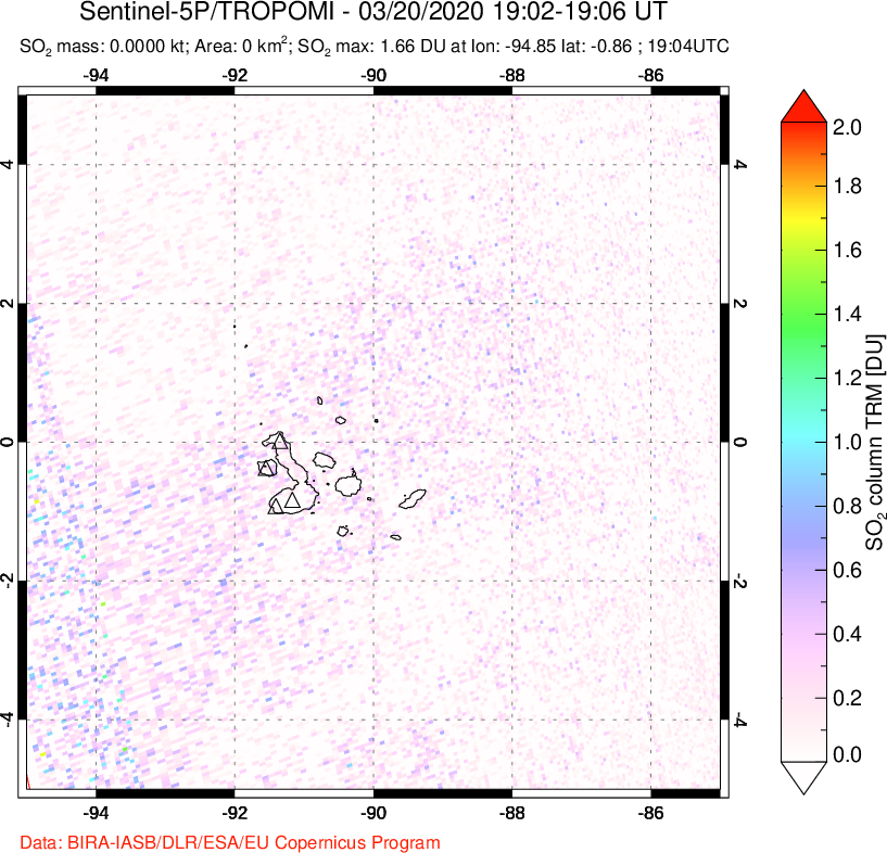 A sulfur dioxide image over Galápagos Islands on Mar 20, 2020.