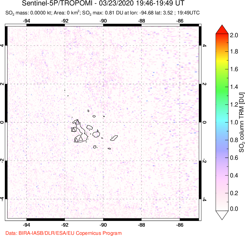 A sulfur dioxide image over Galápagos Islands on Mar 23, 2020.